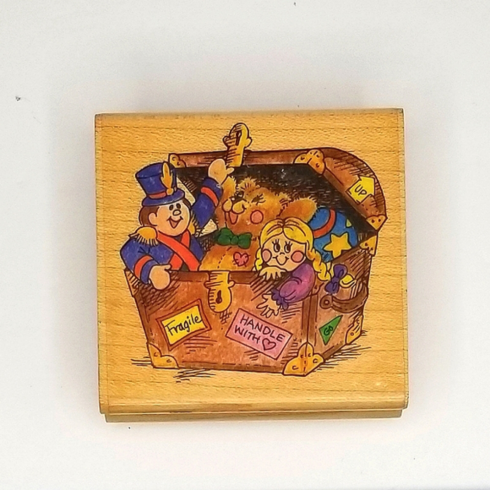 Funstamps by Stampendous Vintage 1995 "Toychest" Wooden Rubber Craft Stamp